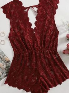 Womens Plus Size Floral Lace Scallop Trim Teddy Bodysuit (5X)